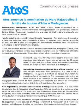 Image à la une de Atos annonce la nomination de Marc Rajaobelina à la tête du bureau d’Atos à Madagascar