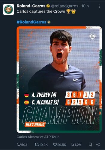 Image à la une de TENNIS – Carlos Alcaraz remporte son premier Roland Garros à 21 ans